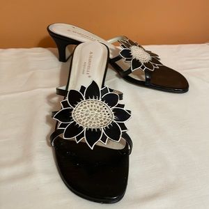 A. Marinelli black flower leather heeled sandals